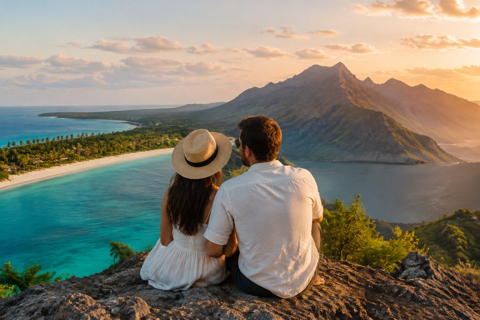 A couple looks out over a tropical coastline with mountains in the distance.