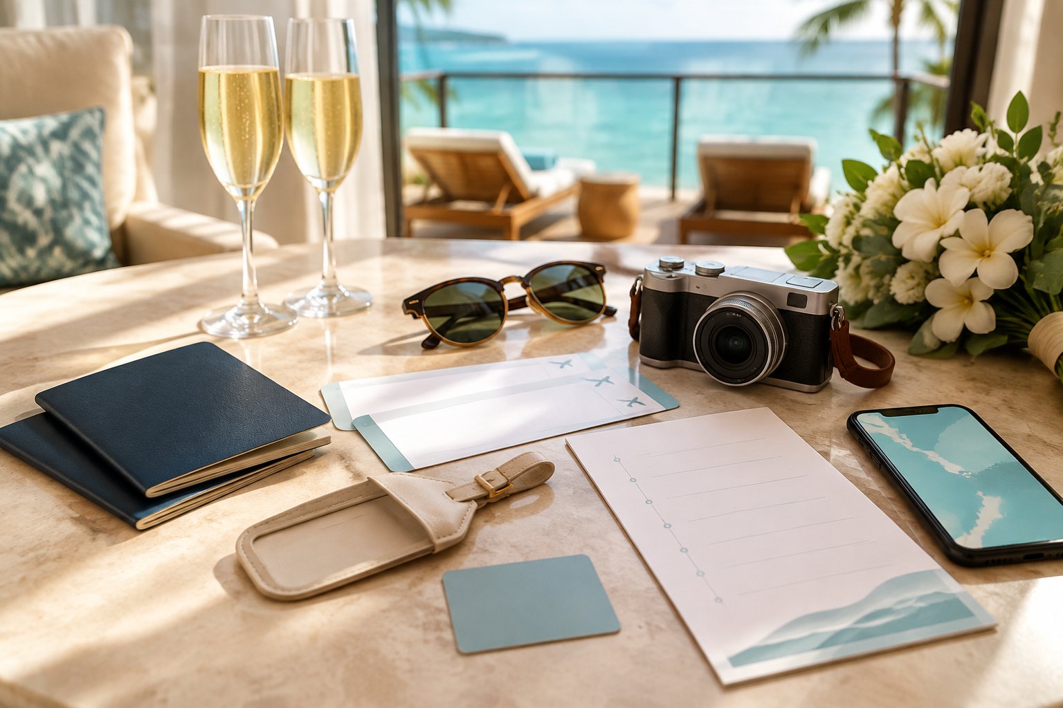 Travel essentials and champagne glasses arranged on a table beside a balcony overlooking the ocean.