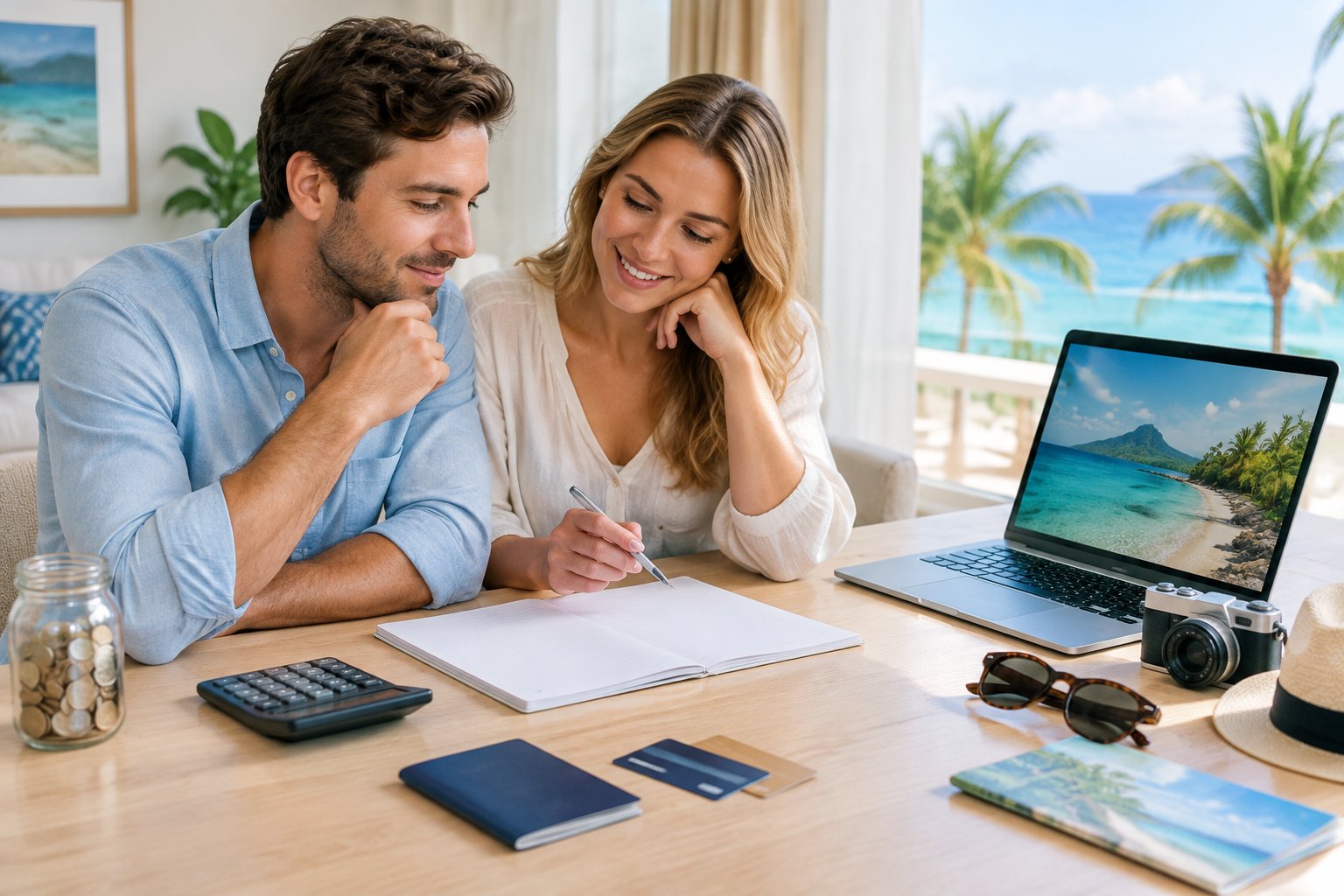 A couple reviews travel plans at a table beside a laptop, calculator, passport, and travel essentials.