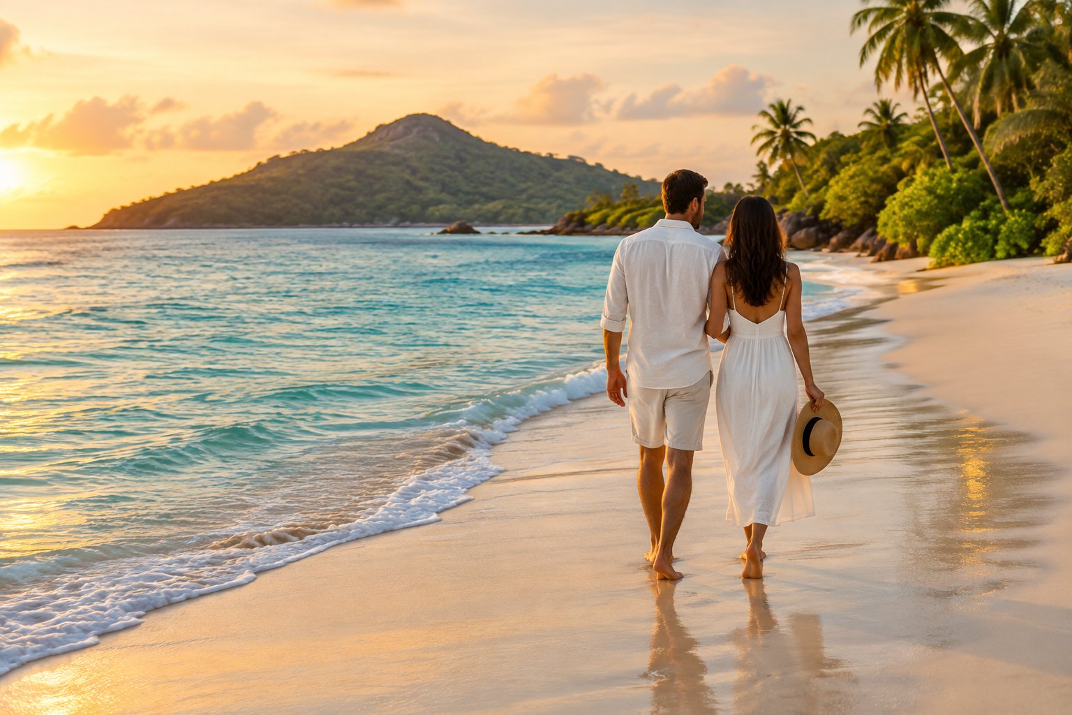 A couple walks along a tropical beach toward the turquoise water.