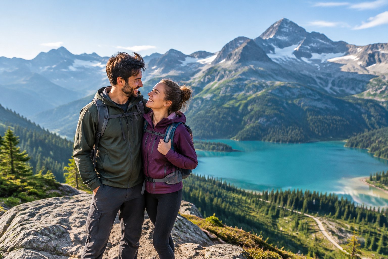 A newlywed couple stands together on a mountain overlook above a turquoise lake.