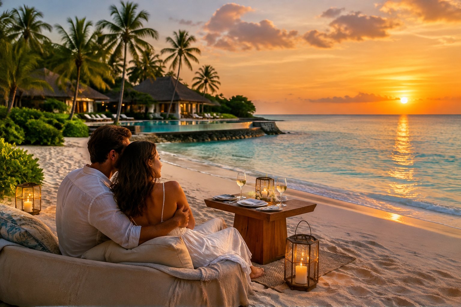 A couple embraces on a tropical beach beside a resort as the sun sets.