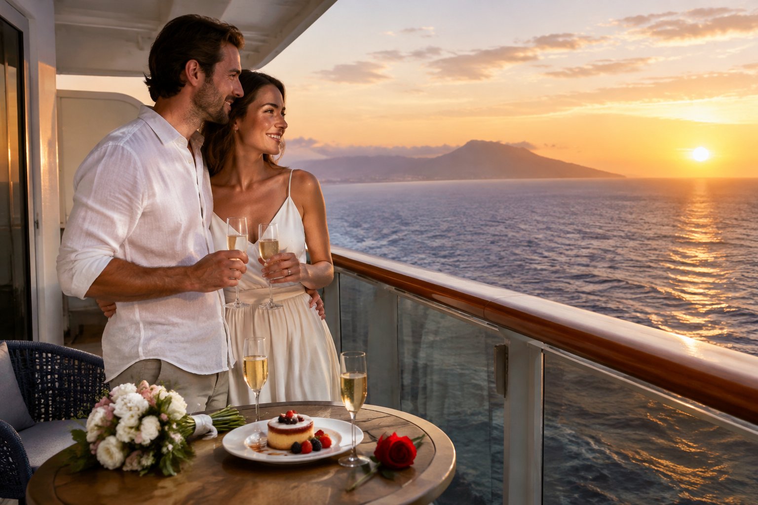 A newlywed couple shares a romantic moment on a cruise ship balcony overlooking the ocean.