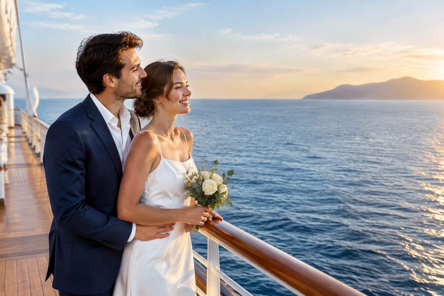 A newlywed couple stands together on a cruise ship deck overlooking the ocean.
