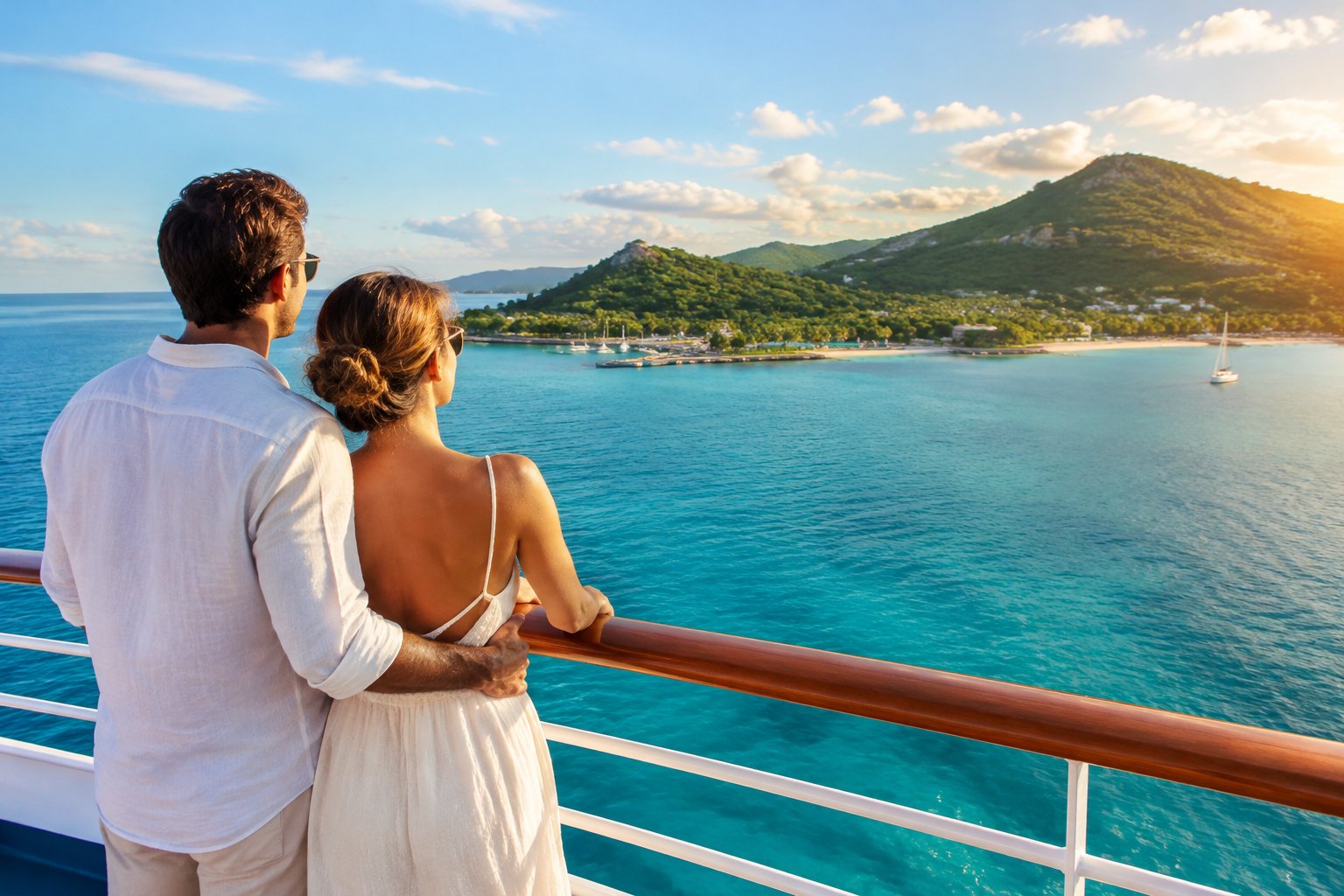 A newlywed couple looks out from a cruise ship deck toward a tropical island.