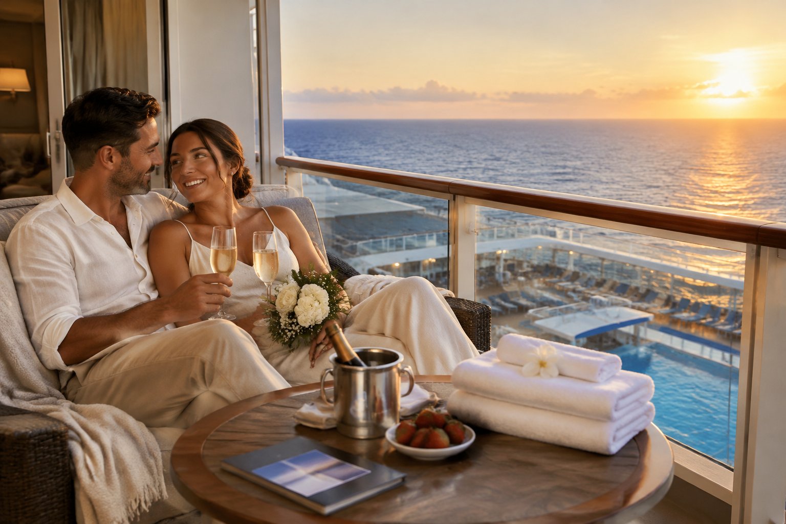A newlywed couple relaxes on a cruise ship balcony overlooking the ocean.