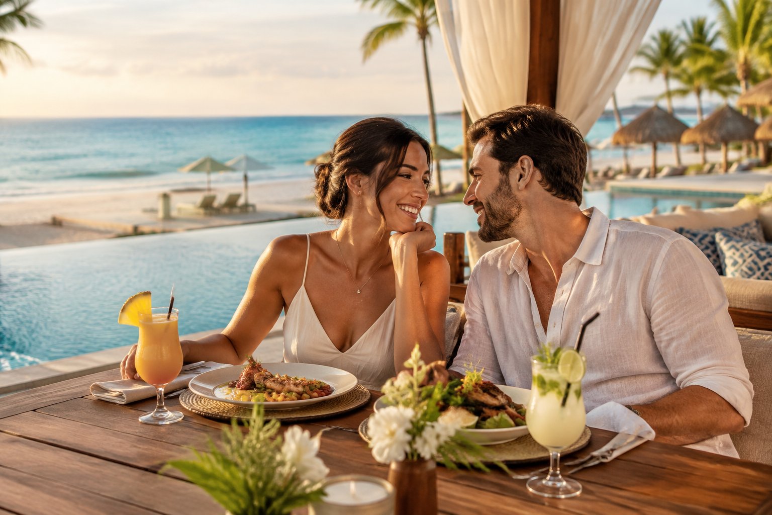 A newlywed couple enjoys a meal and tropical drinks at a beachfront resort.