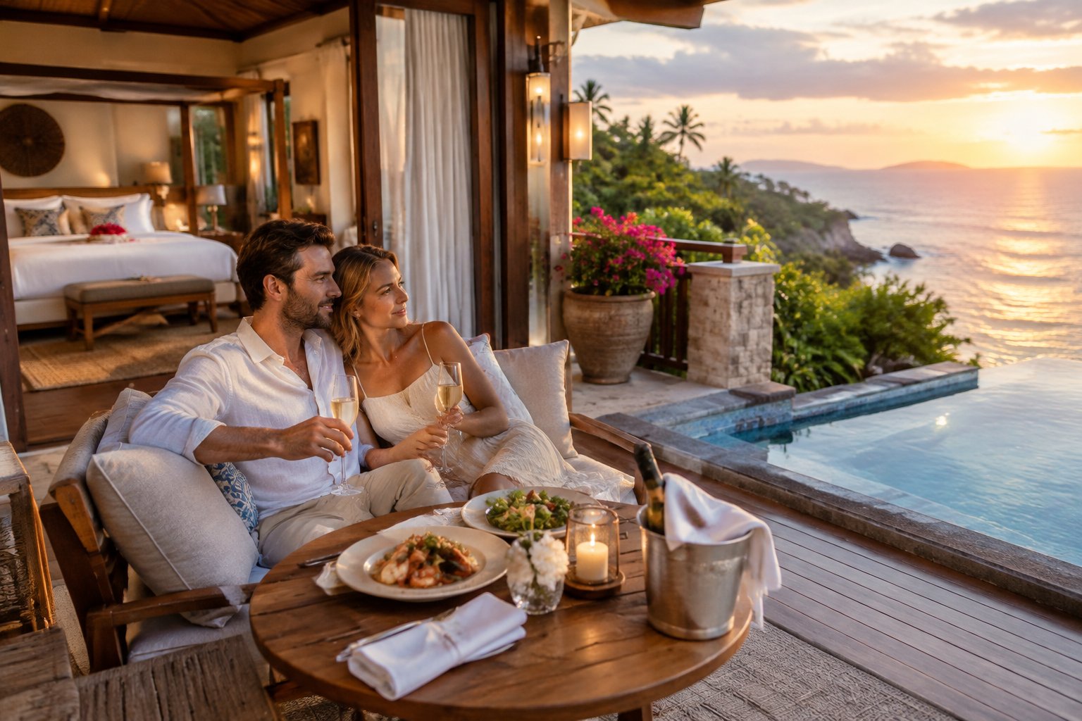 A newlywed couple shares a quiet moment on a resort terrace overlooking the ocean.