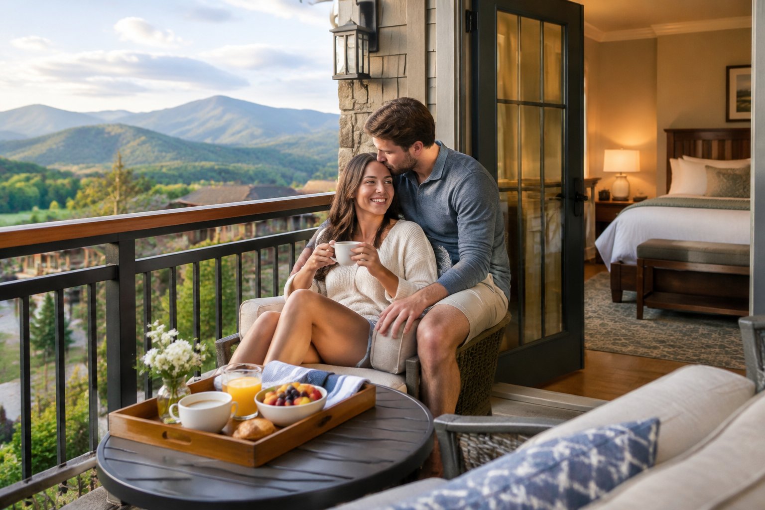 A couple enjoys a quiet moment on a resort balcony overlooking the mountains.