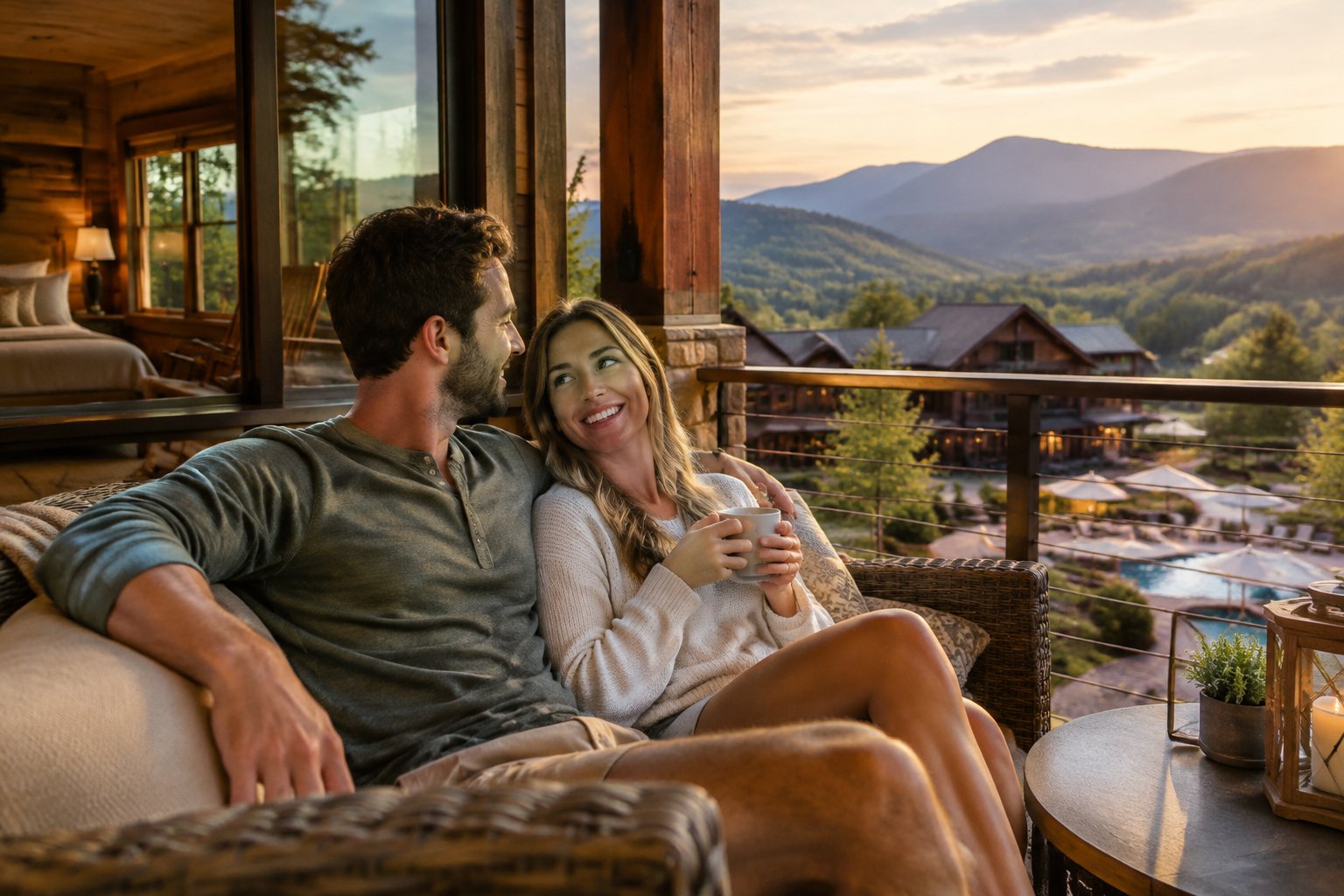 A newlywed couple relaxes at a mountain resort with a cozy cabin and wooded scenery nearby.