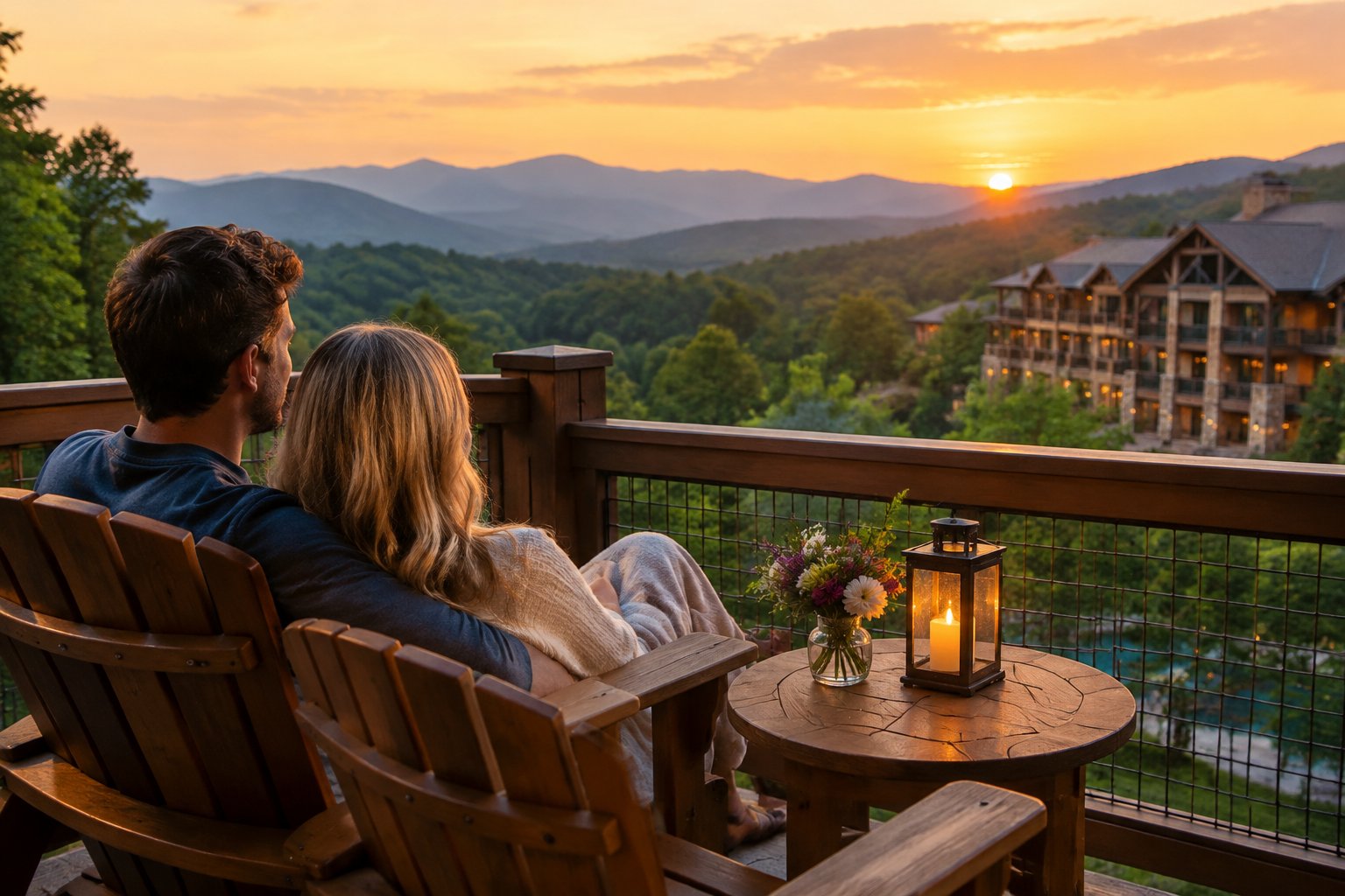 A couple sits together on a resort balcony overlooking the Smoky Mountains.