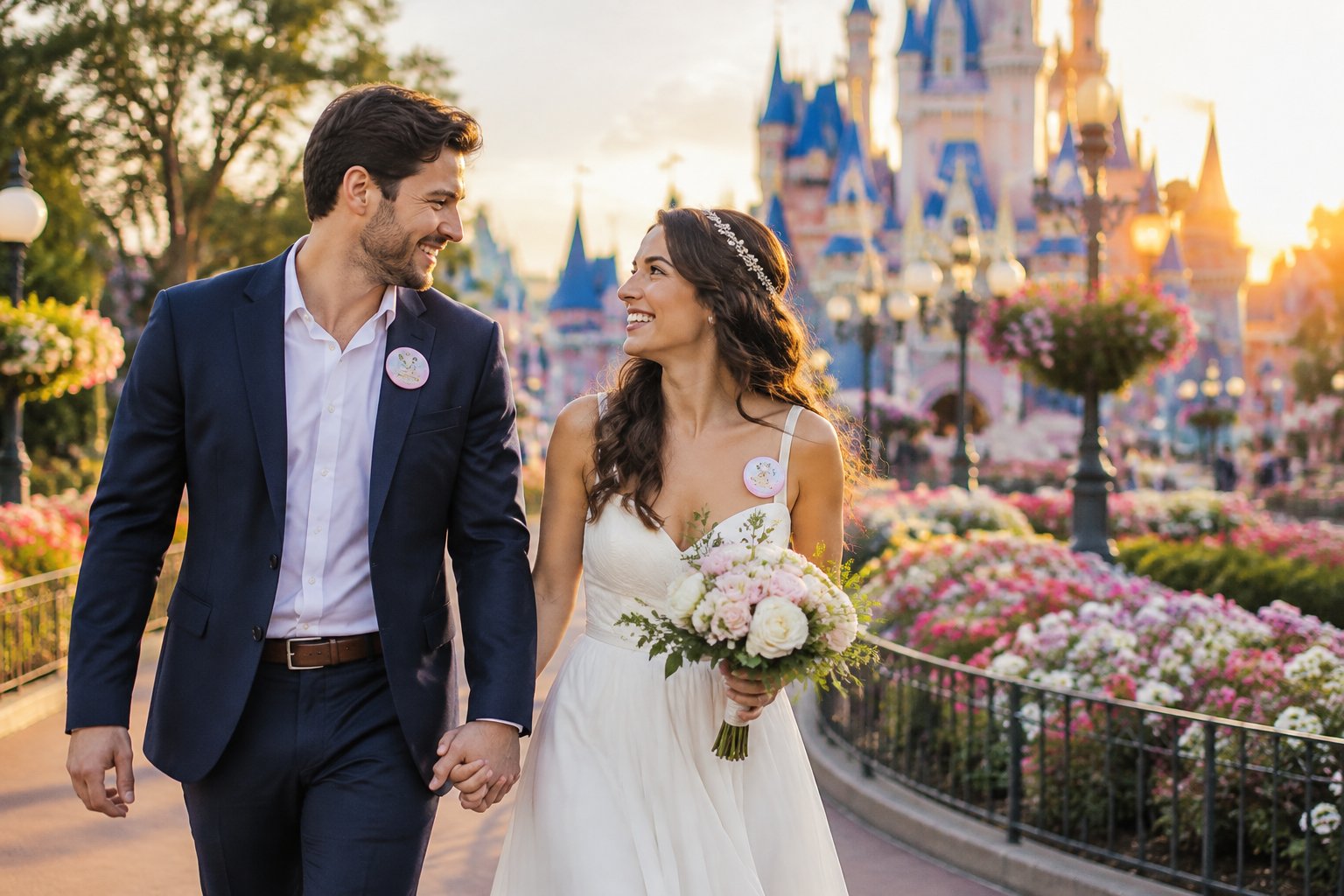 A newlywed couple walks hand in hand near a fairytale castle in a theme park.