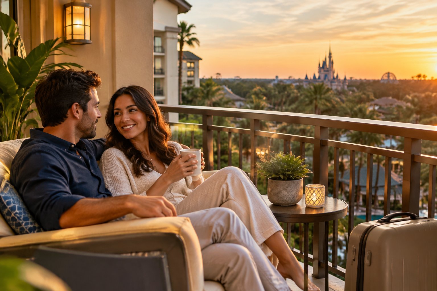 A couple relaxes on a hotel balcony overlooking Anaheim, with a fairytale castle in the distance.
