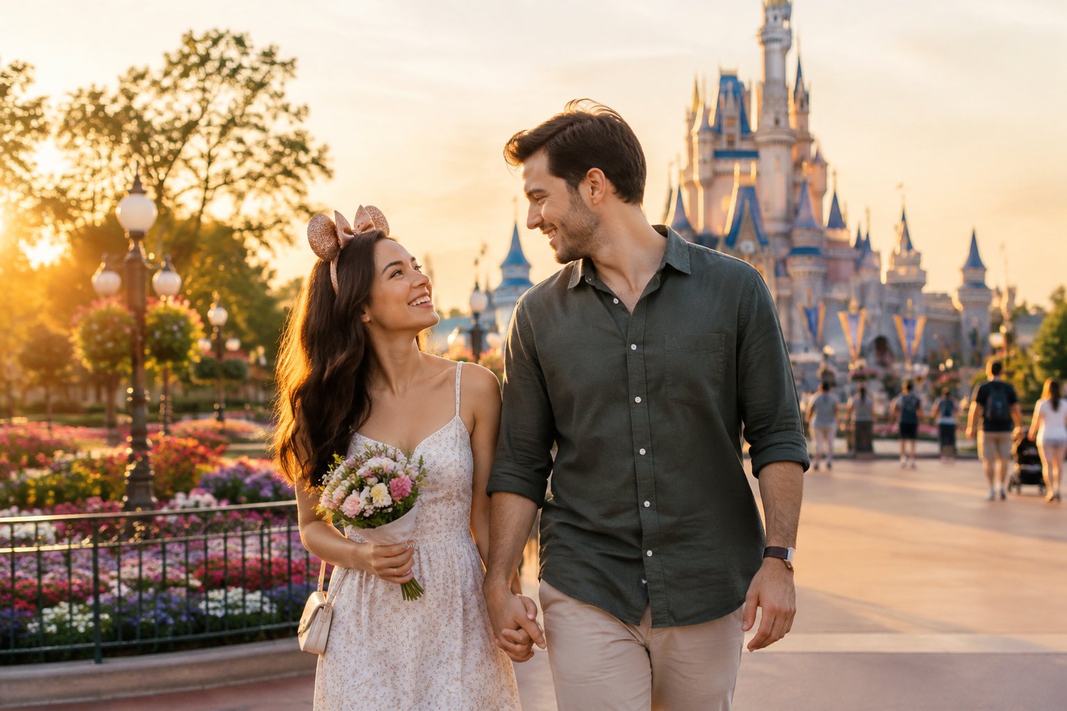 A couple walks hand in hand through a theme park with a fairytale castle in the distance.