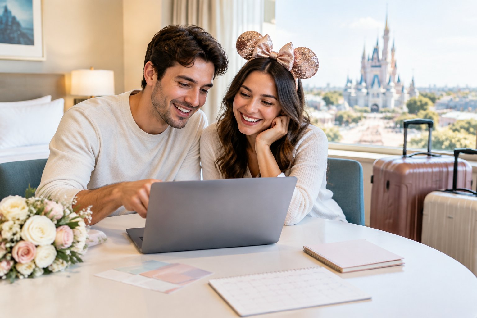 A newlywed couple plans their honeymoon together at a table.