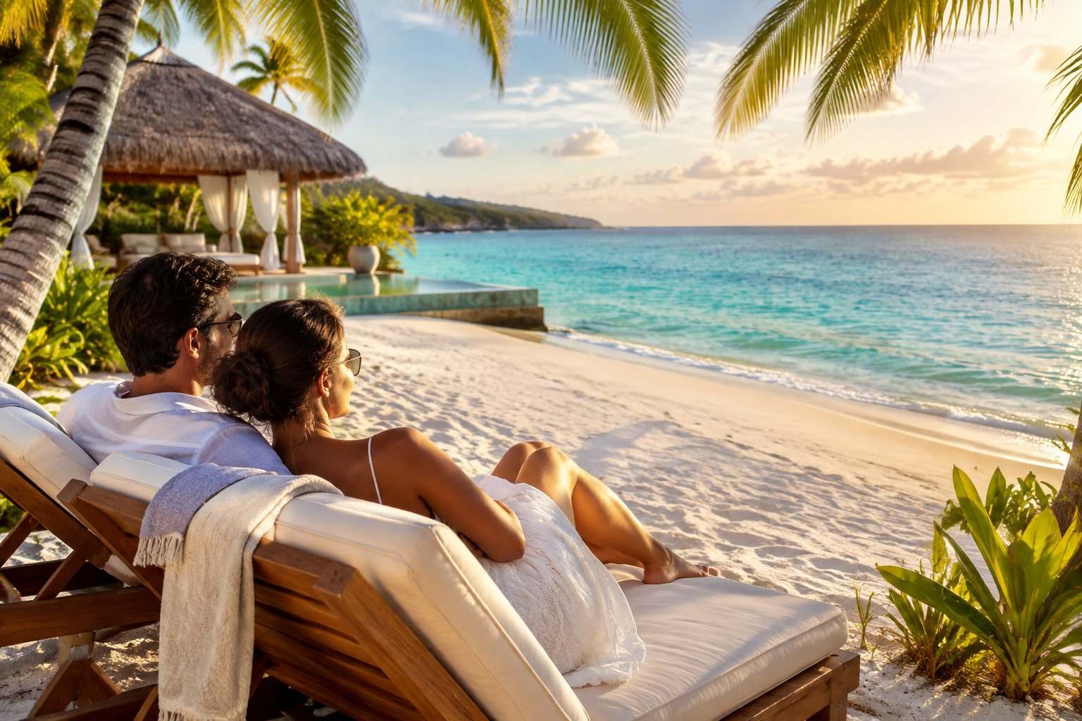 A newlywed couple relaxes together on a beach beside a Caribbean resort.