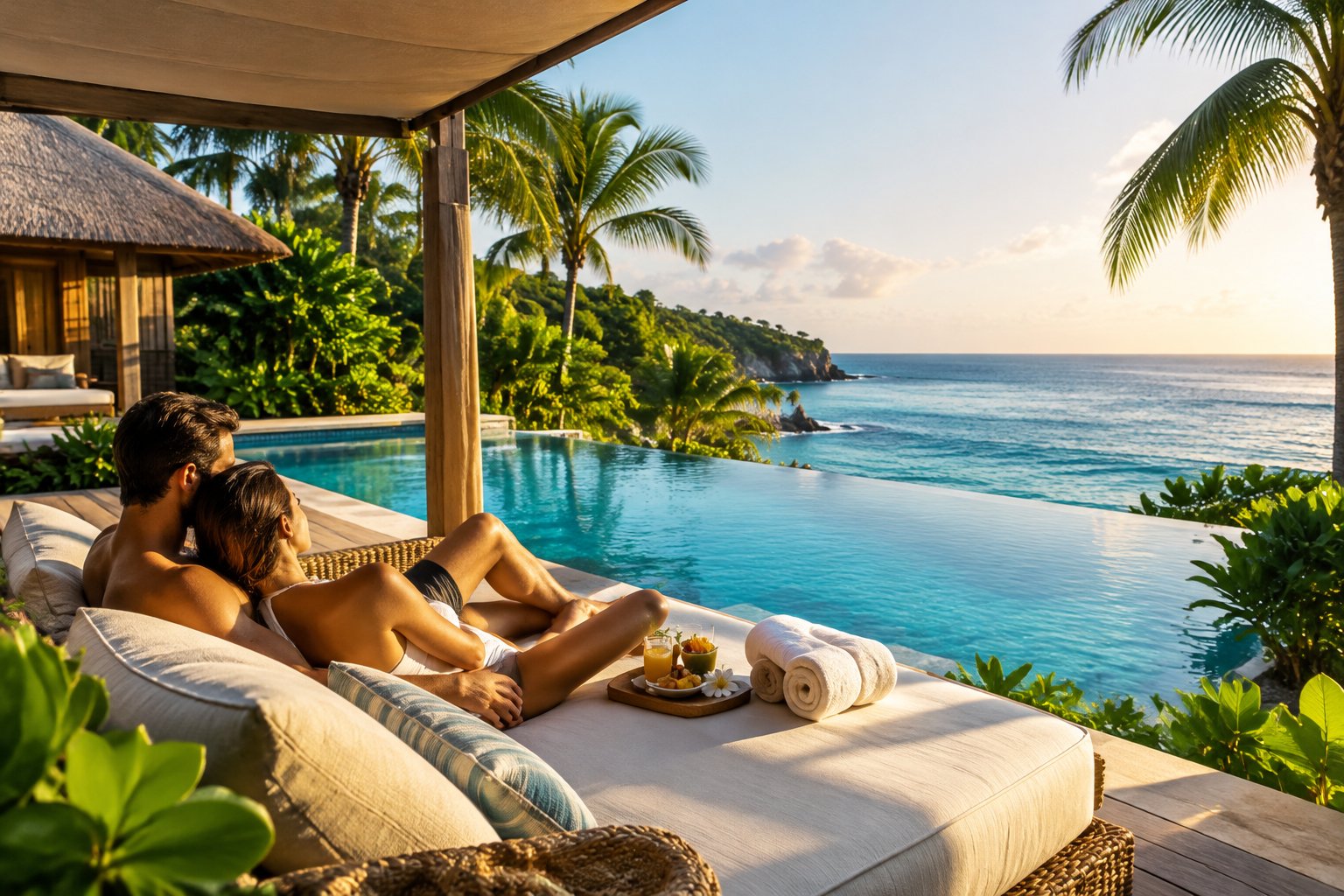 A couple relaxes beside a private pool overlooking a tropical beach surrounded by greenery.