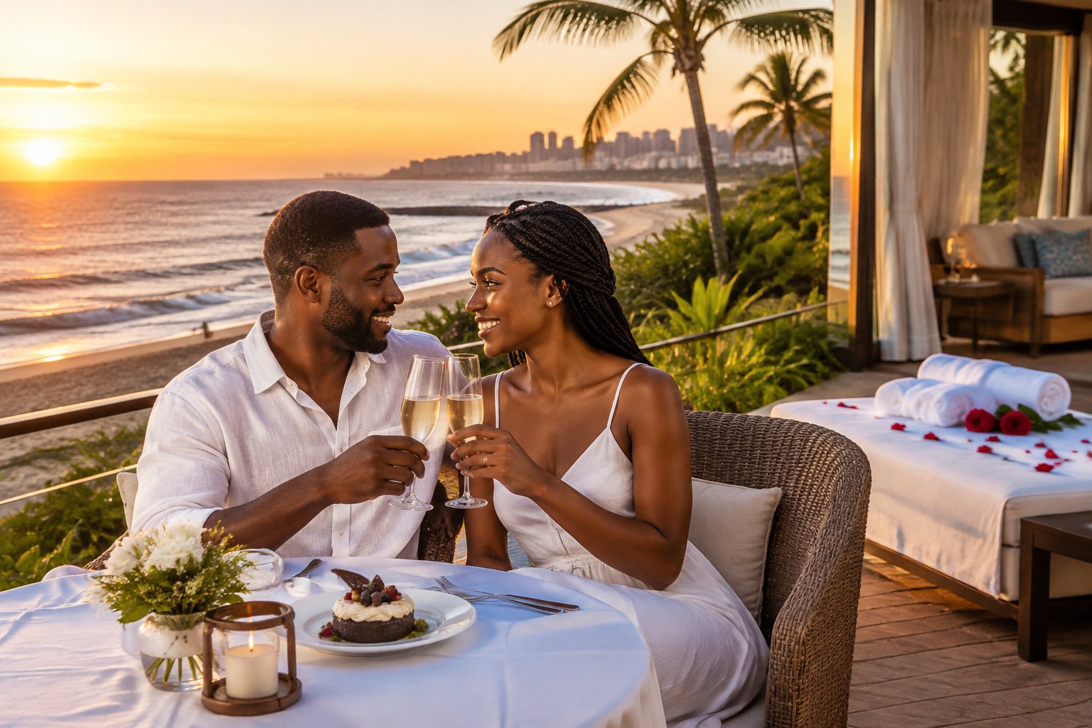 A newly married couple shares a romantic moment at a Durban beachfront resort.