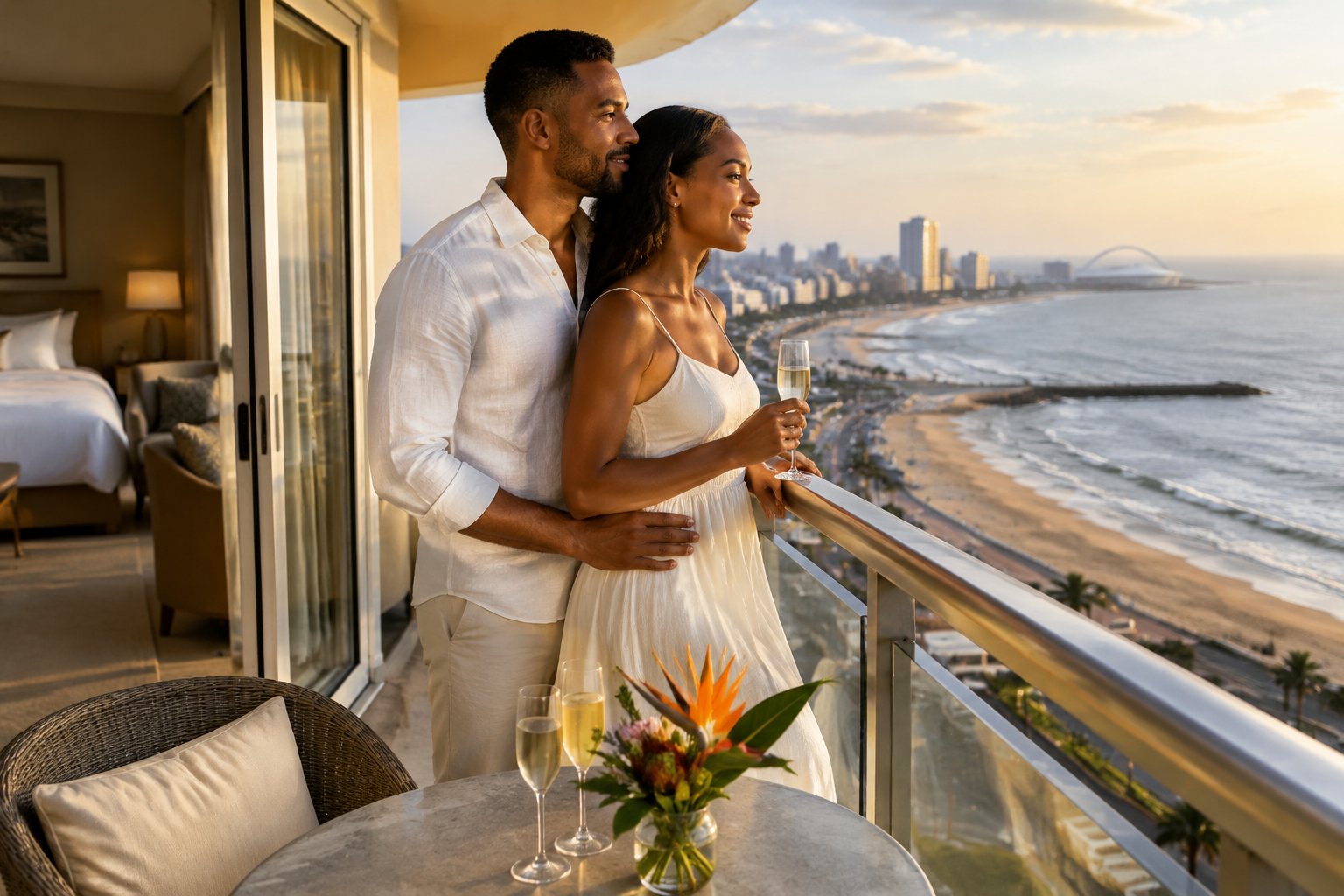 A couple shares a quiet moment on a hotel balcony overlooking the Durban coastline.