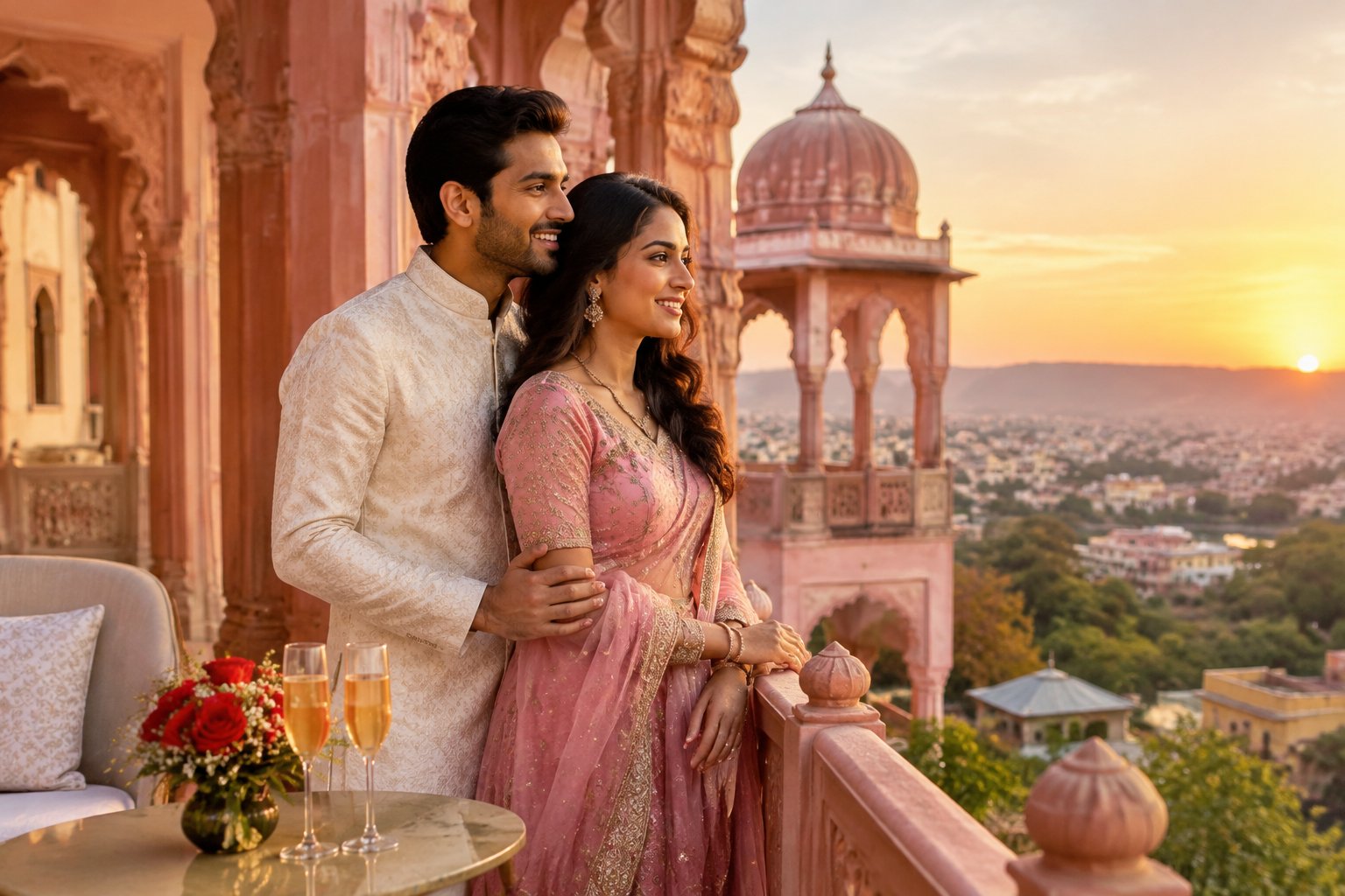A newlywed couple shares a romantic moment on a Jaipur palace terrace.