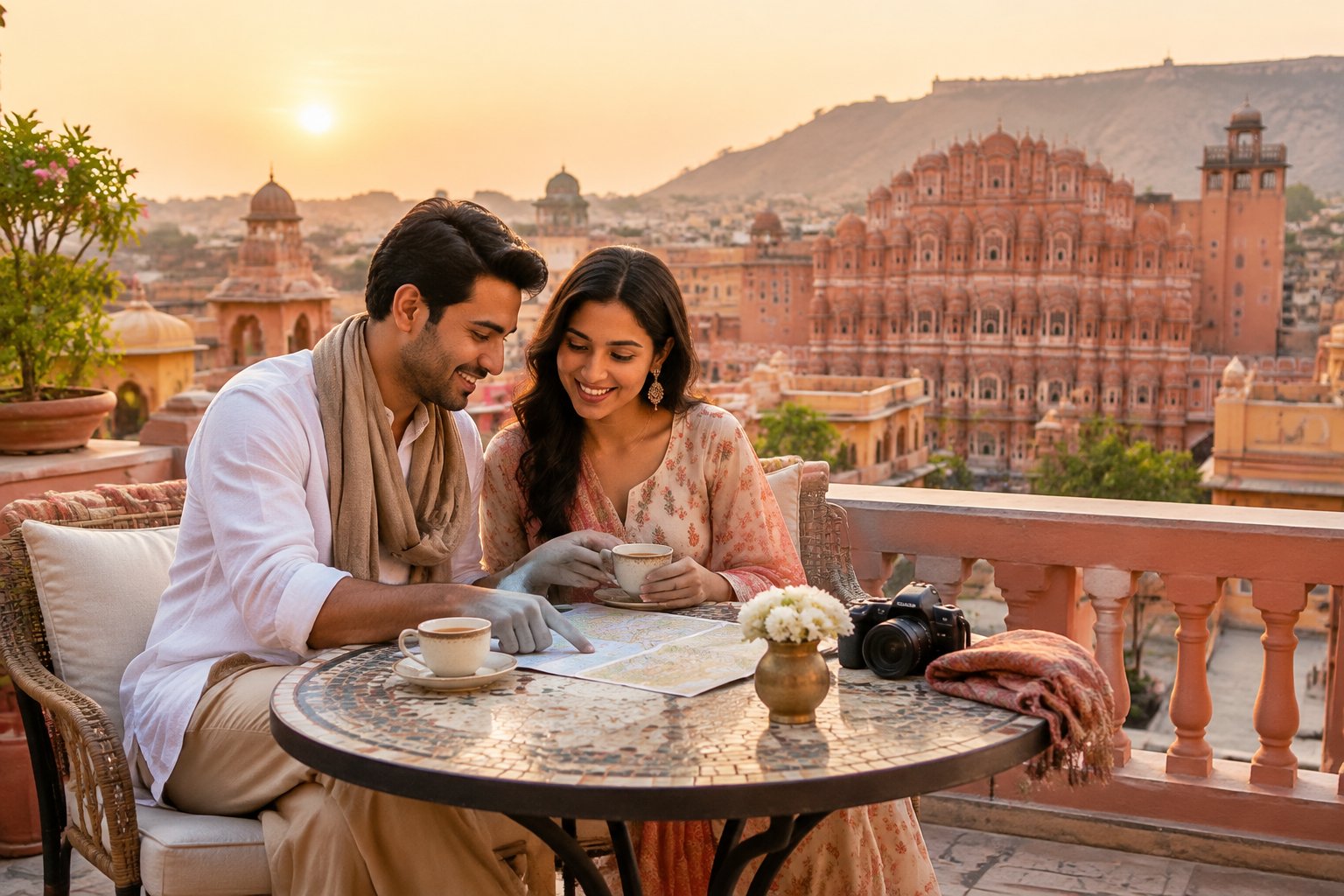 A couple shares tea on a Jaipur rooftop overlooking the Hawa Mahal.
