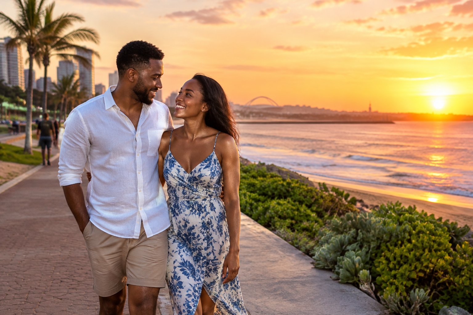 A couple strolls together along Durban’s beachfront at sunset.