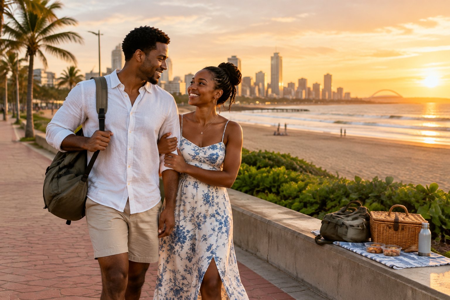 A newlywed couple strolls along Durban’s beachfront at sunset.