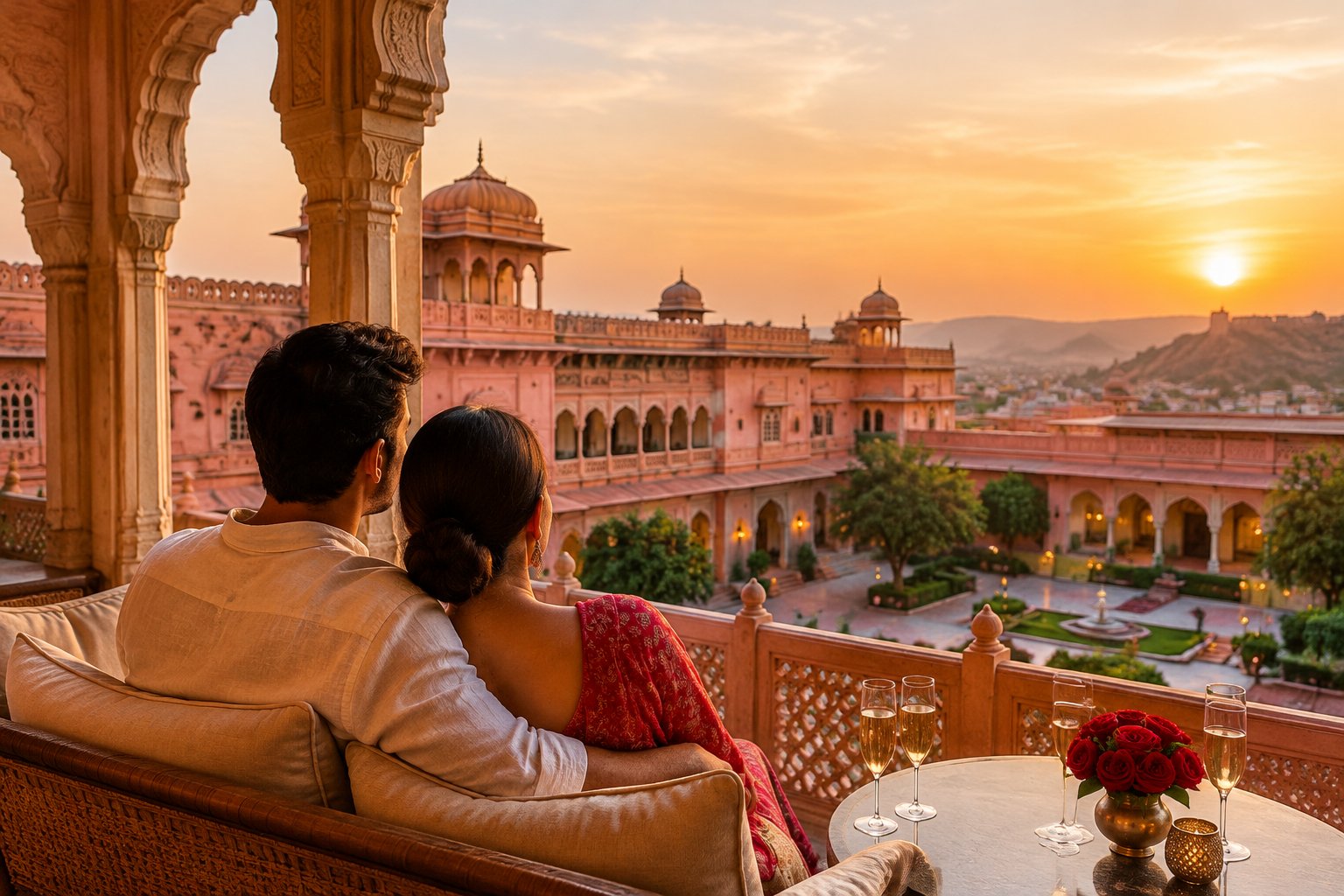 A couple enjoys a sunset view of Jaipur from a palace-hotel terrace.
