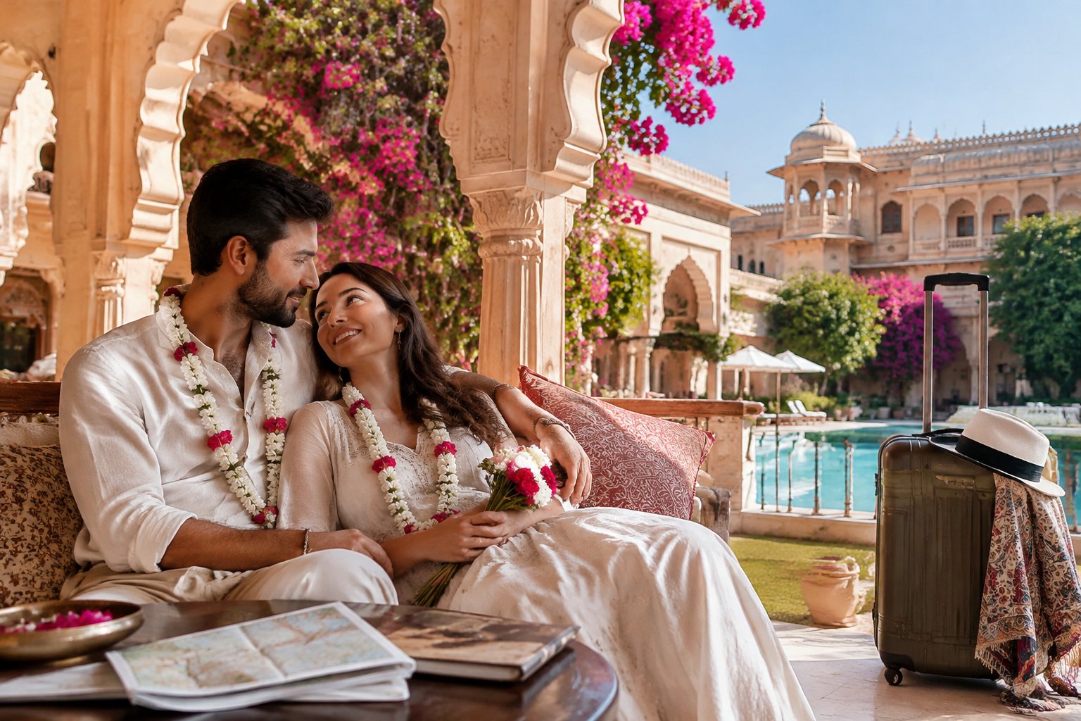 A honeymooning couple relaxes in a sunny Jaipur hotel courtyard beside their suitcase.