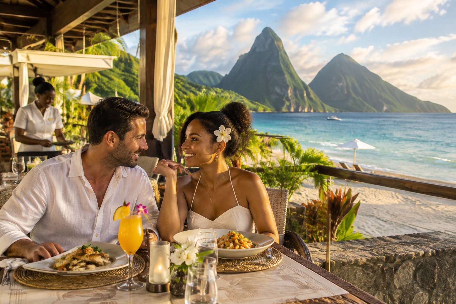 A couple enjoys a meal at a beachfront resort overlooking the sea and St. Lucia’s Pitons.