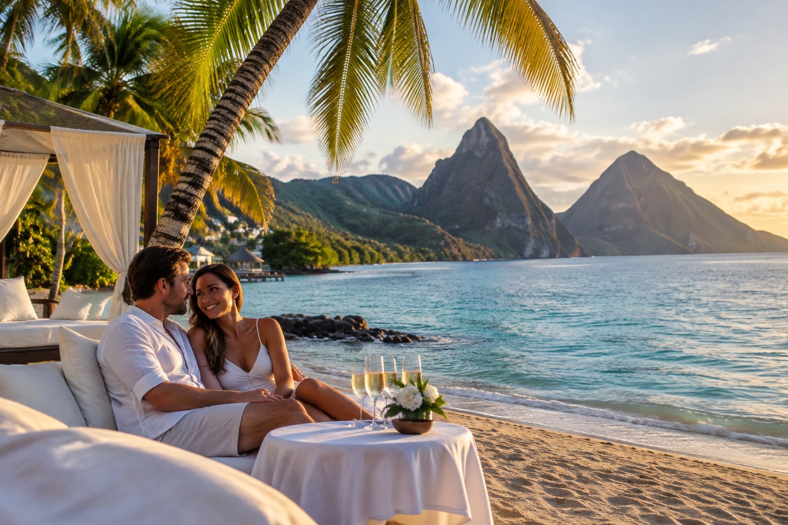 A couple sits together at a tropical beach resort with the Pitons in the distance.