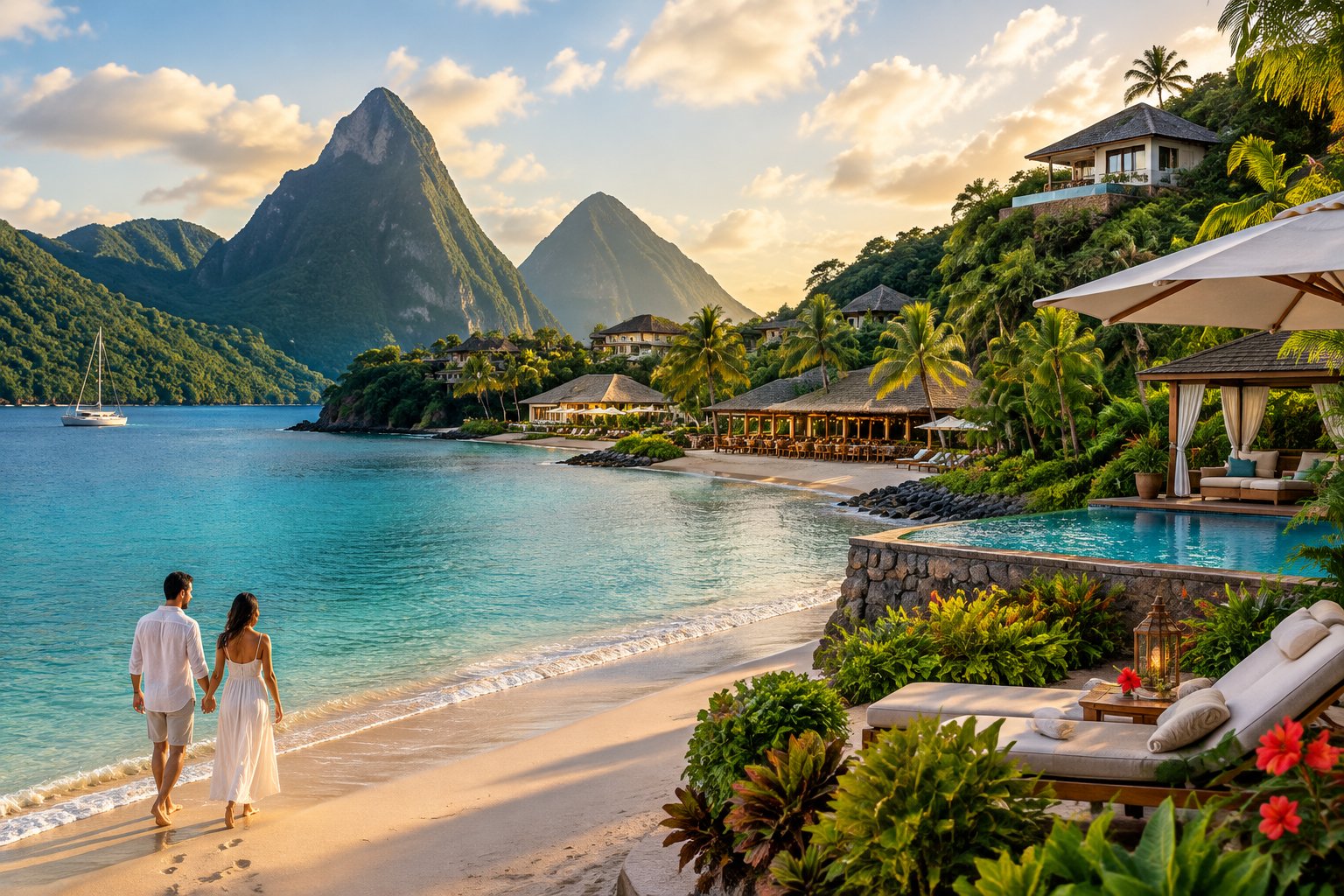 A couple walks along a St. Lucia beach with resorts, lush hills, and the Pitons in the distance.