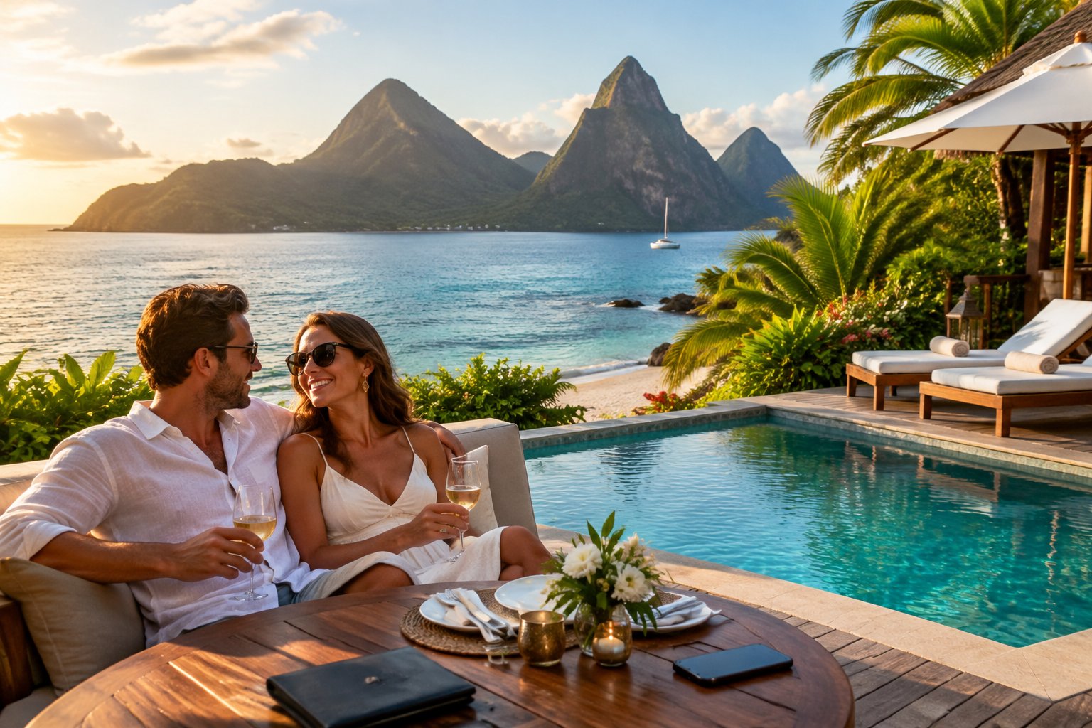 A couple enjoys a romantic beachfront resort in St. Lucia with the Pitons in the distance.