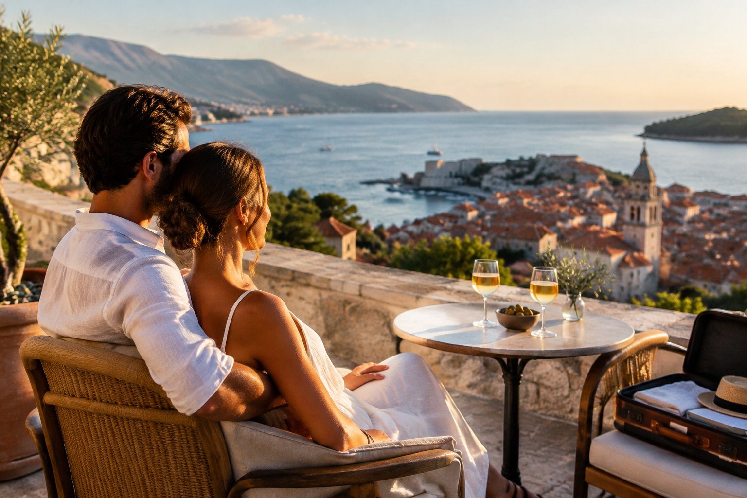 A couple shares a quiet moment on a terrace overlooking a coastal European town.