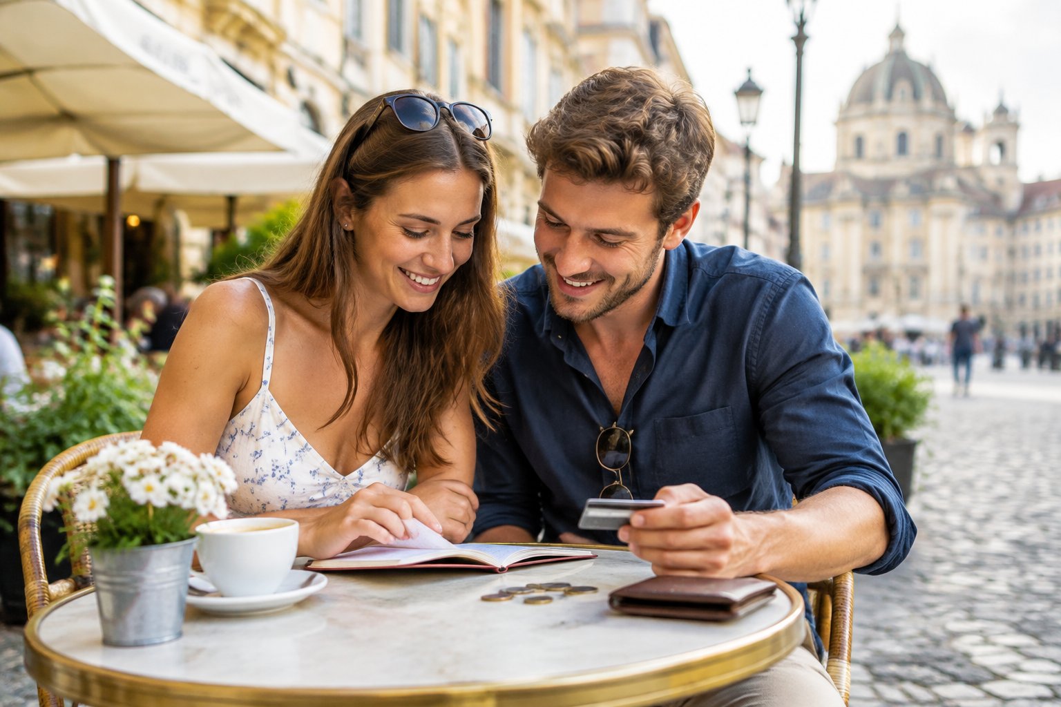 A newlywed couple reviews travel plans at an outdoor European café.