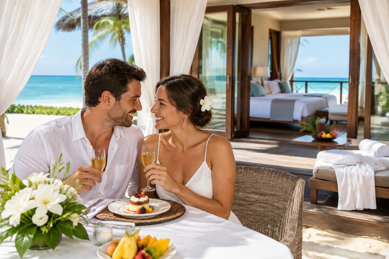 A newlywed couple shares a romantic meal at a tropical beach resort.
