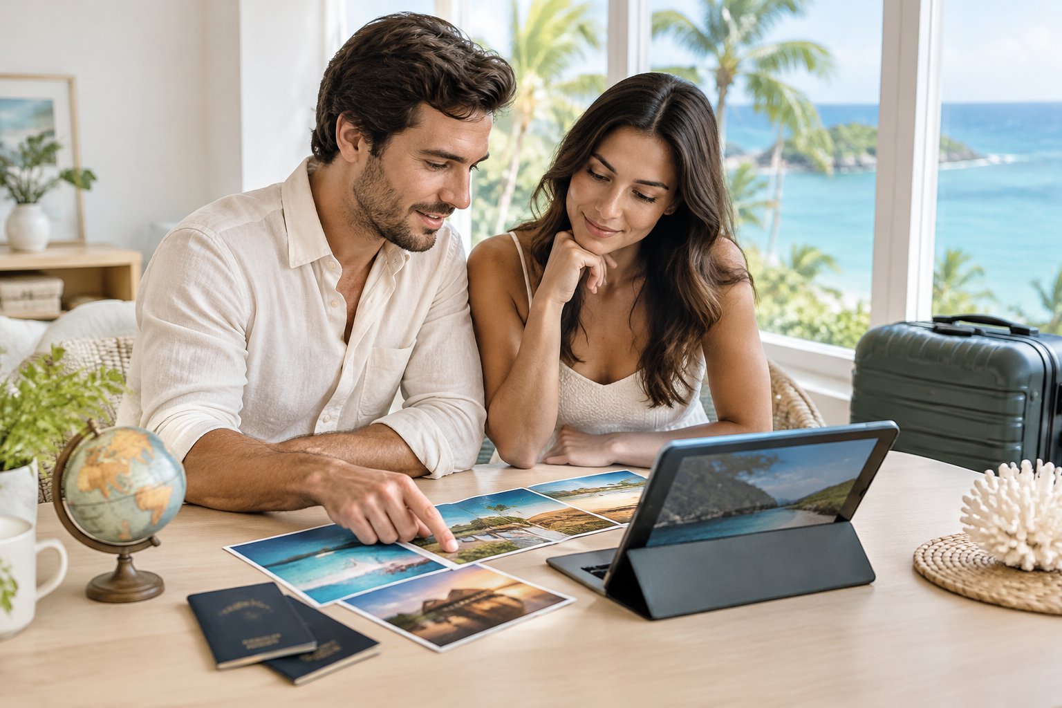 A newlywed couple compares travel brochures and a tablet while planning their honeymoon.