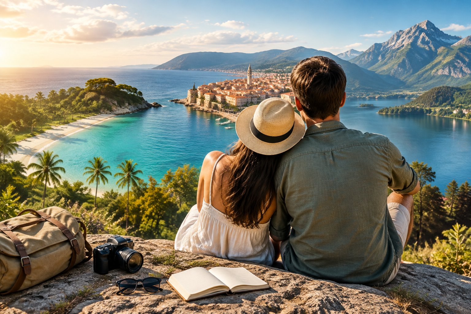 A couple plans their honeymoon while looking out over a beach, coastal town, and mountain landscape.