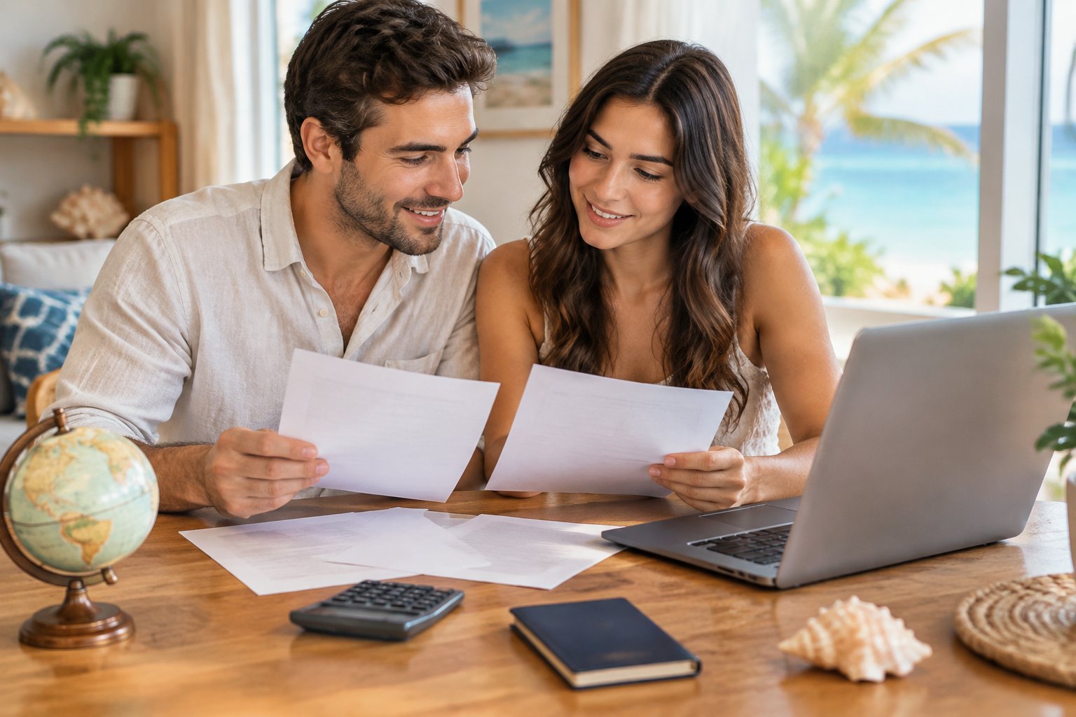 A newlywed couple reviews travel plans together at a desk.