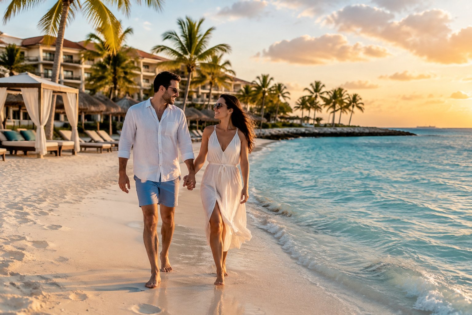 A couple walks hand in hand along a sunny Aruba beach near a resort.
