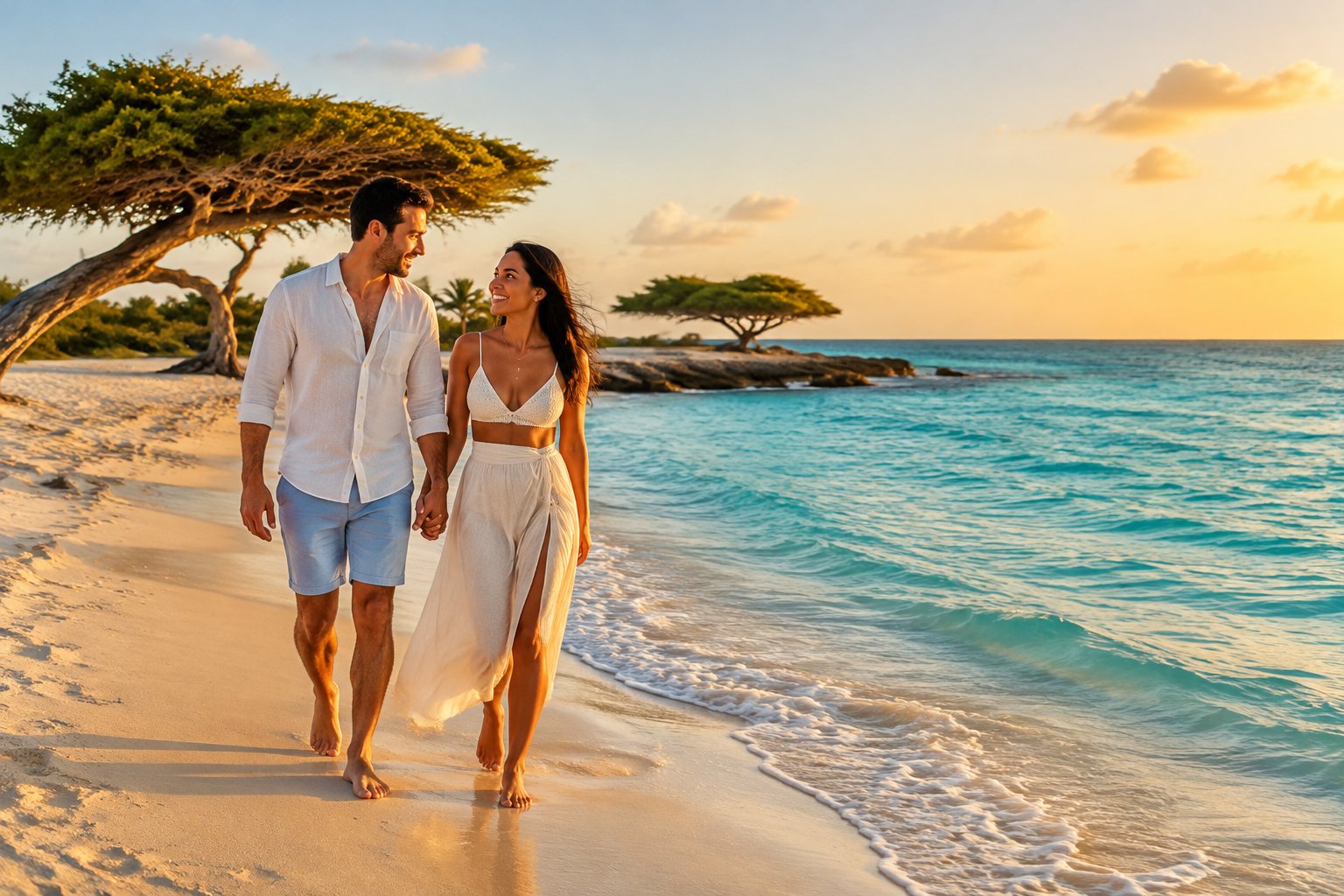 A couple walks along a sunny Aruba beach beside turquoise water.