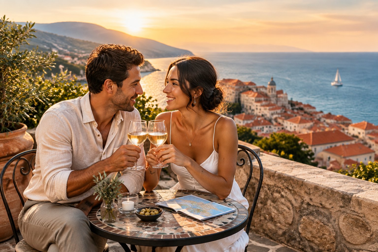 A couple shares a quiet moment on a terrace overlooking a coastal town and the sea.
