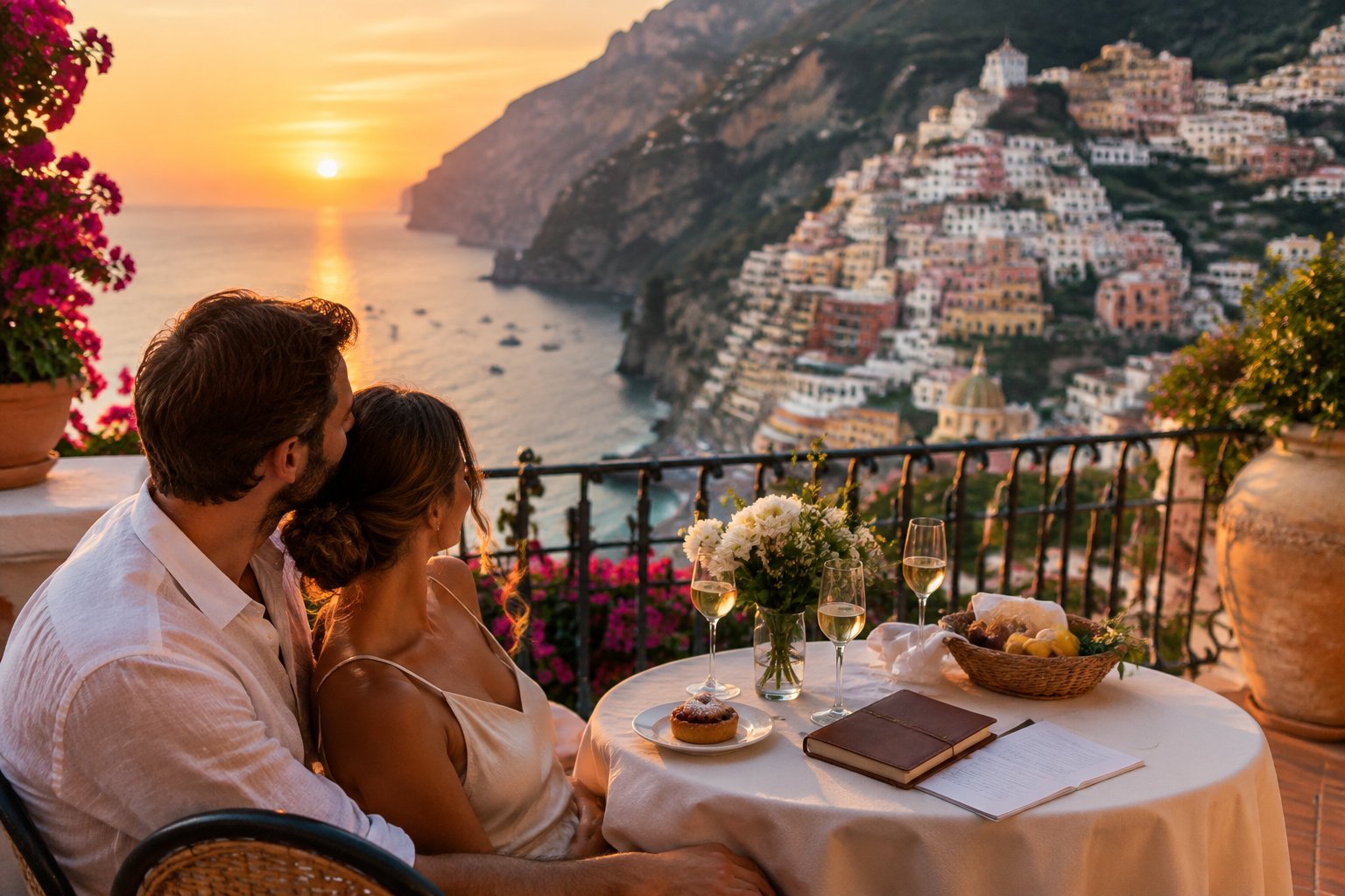 A newlywed couple sharing a quiet moment on a terrace overlooking the Amalfi Coast.