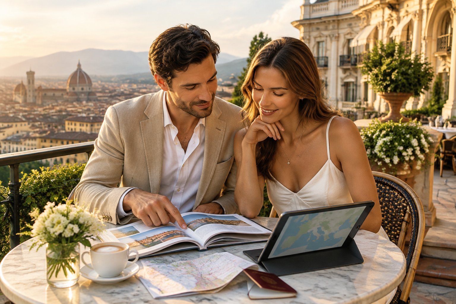 A newlywed couple compares travel plans at a café terrace overlooking a European city.