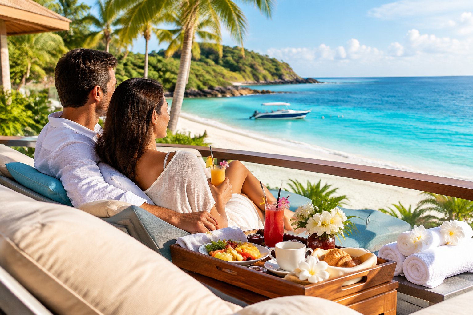 A newlywed couple relaxes on a resort terrace overlooking a tropical beach.