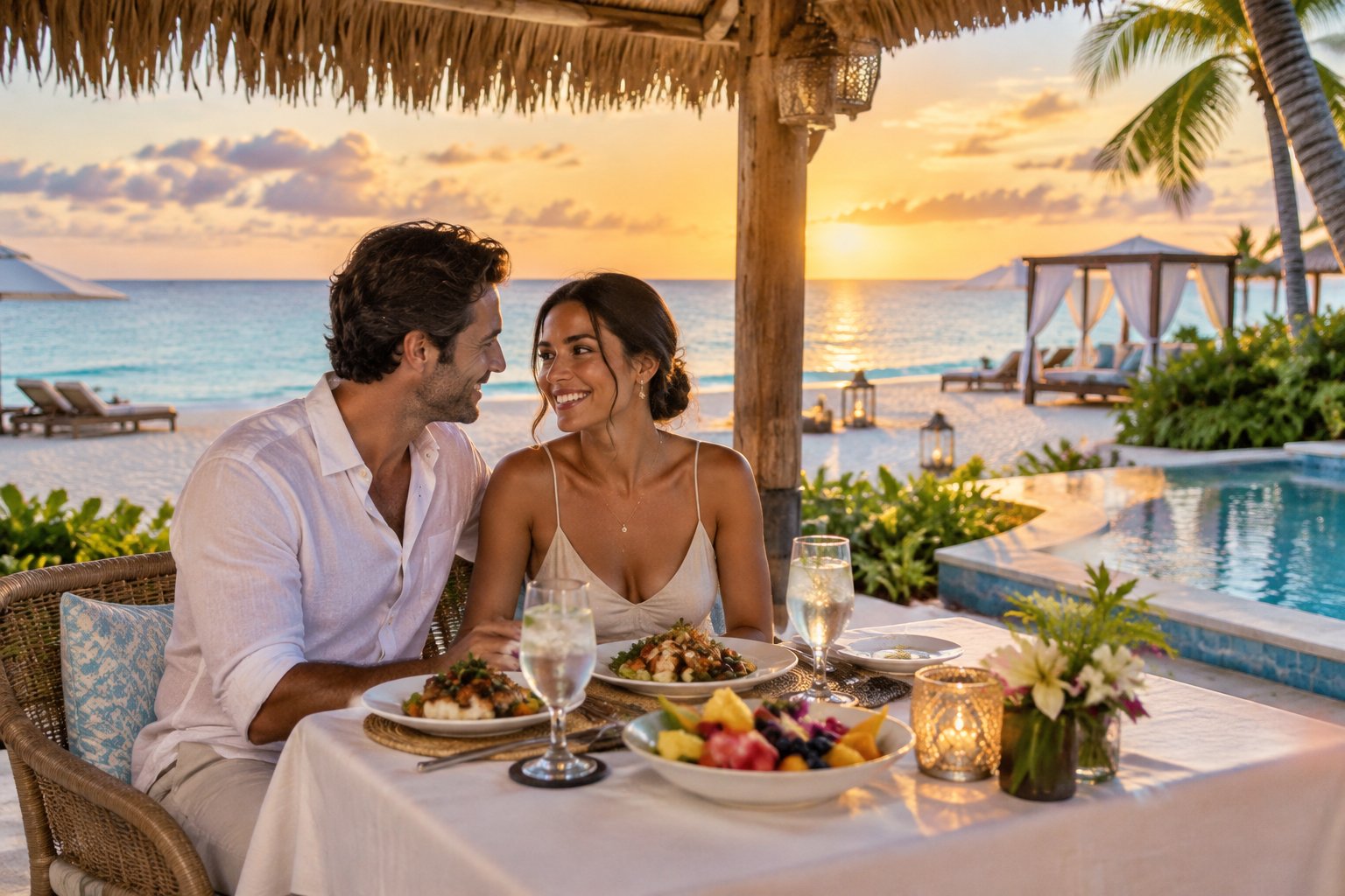 A newlywed couple shares dinner at a beachfront resort in the Bahamas.