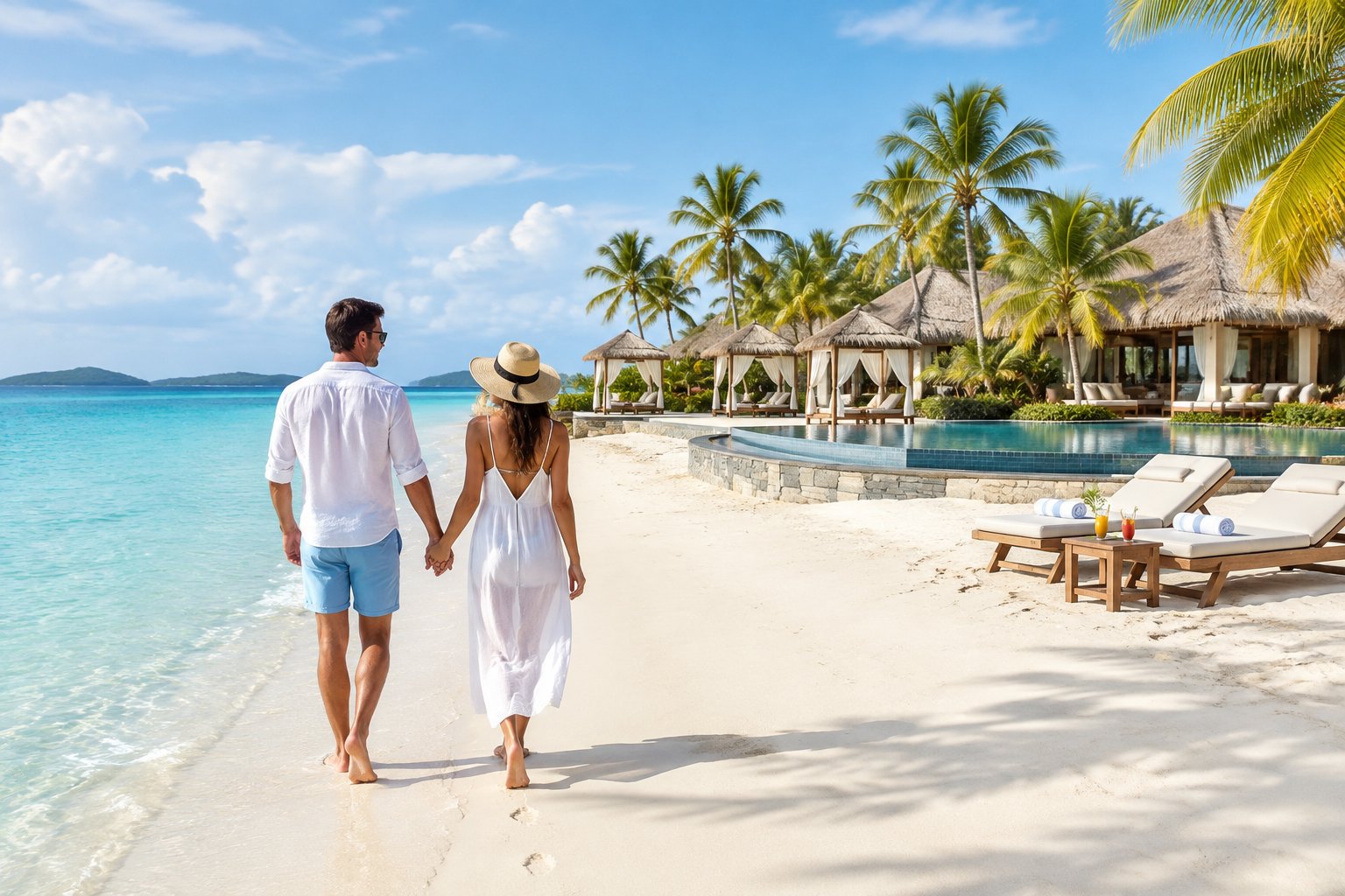 A couple walks along a white-sand beach beside a turquoise sea and tropical resort.