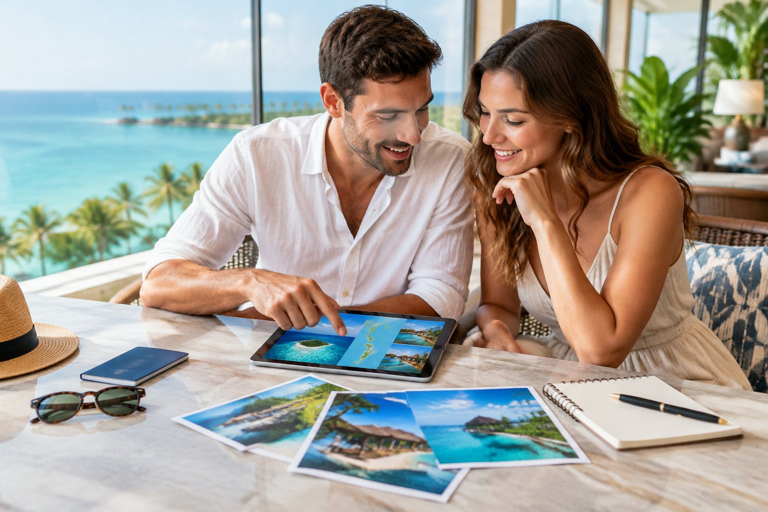A couple reviews travel plans together at a table overlooking a tropical coast.