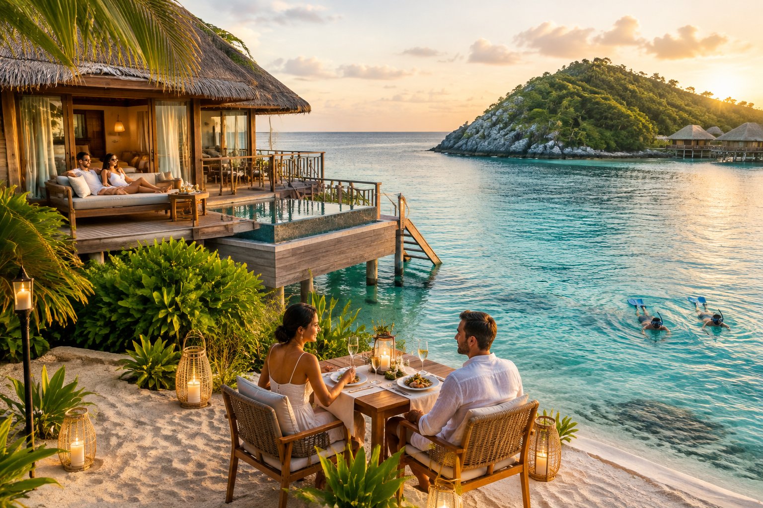 Couples enjoy relaxing and adventurous experiences at a tropical seaside resort.