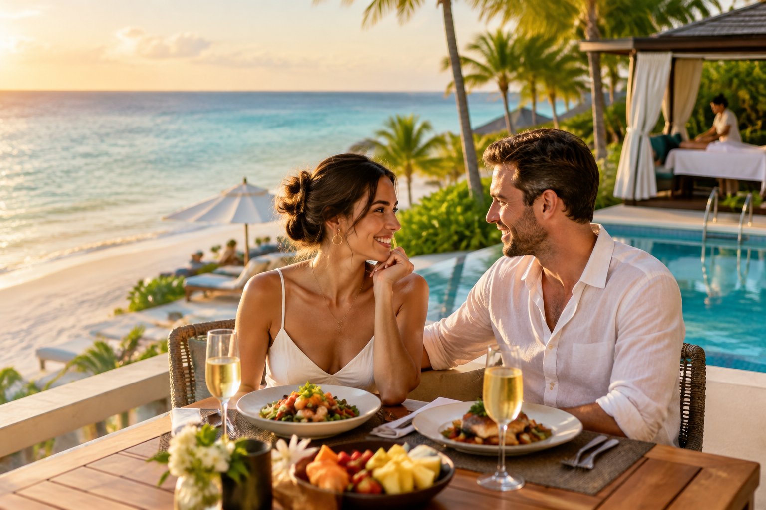 A newlywed couple shares a meal on a terrace overlooking a tropical beach.